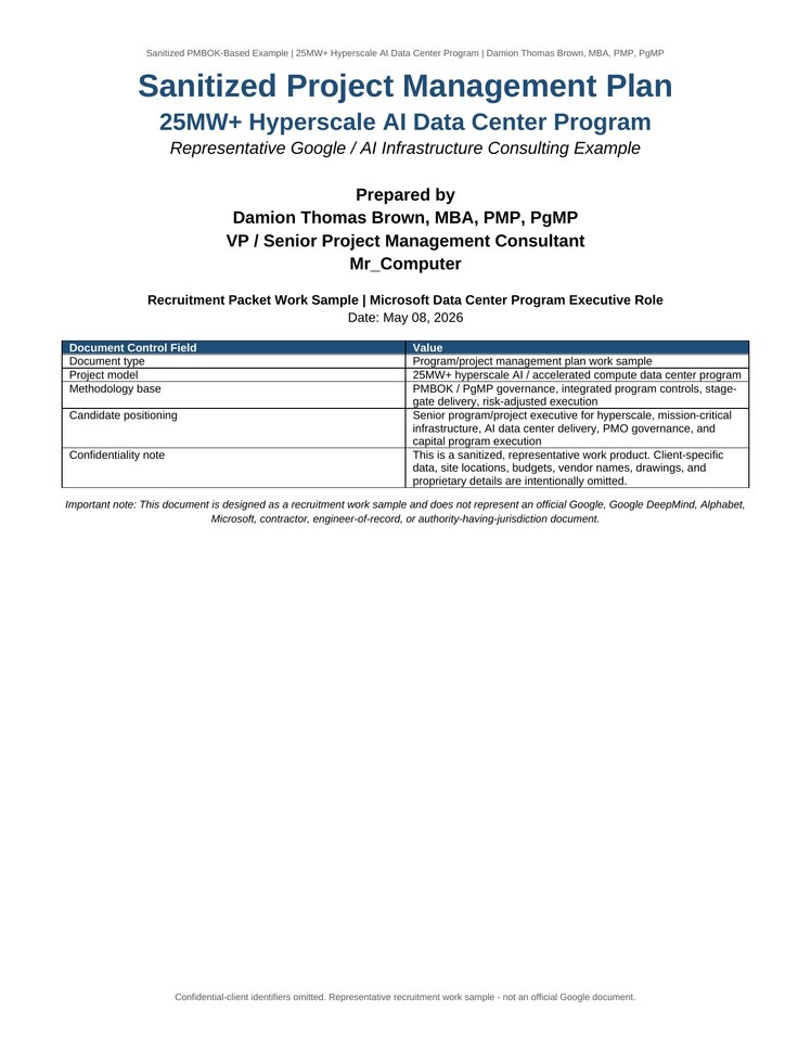 Cover of the Sanitized Project Management Plan for a 25MW plus hyperscale AI data center program